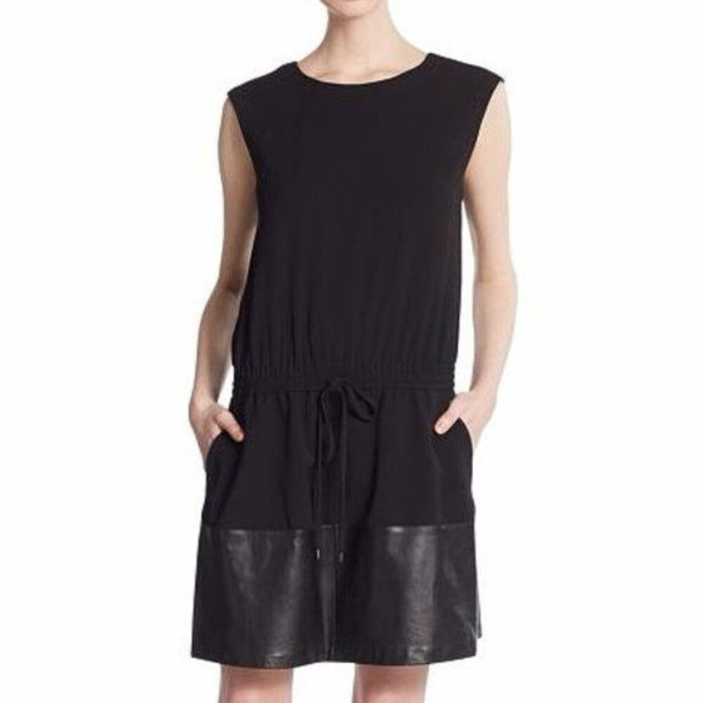 Vince Black Sleeveless Dress With Leather Trim Size Xl Womens ($495)